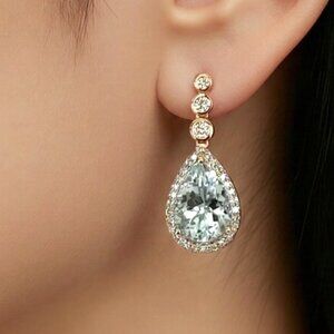 Effy 14K White & Rose Gold Pear Aquamarine Diamond Drop Earrings 3.8 CTW